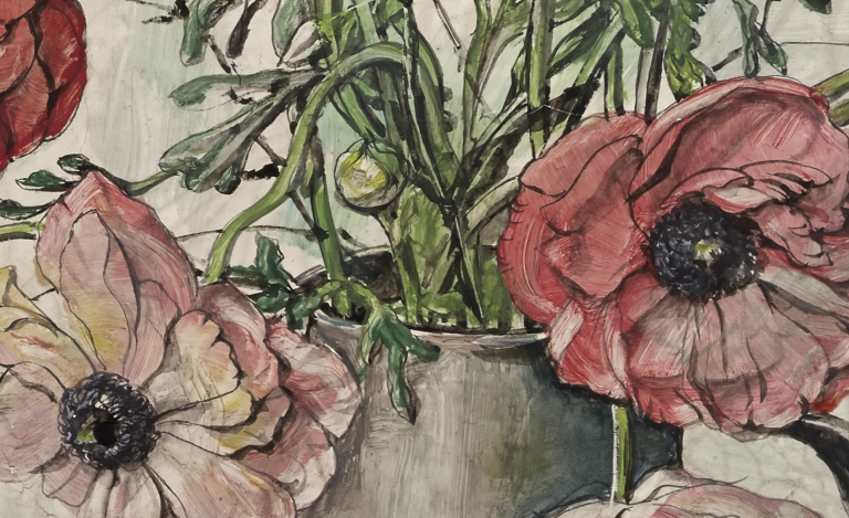 (détail) Bouquet de fleurs dans un pichet en étain 1956